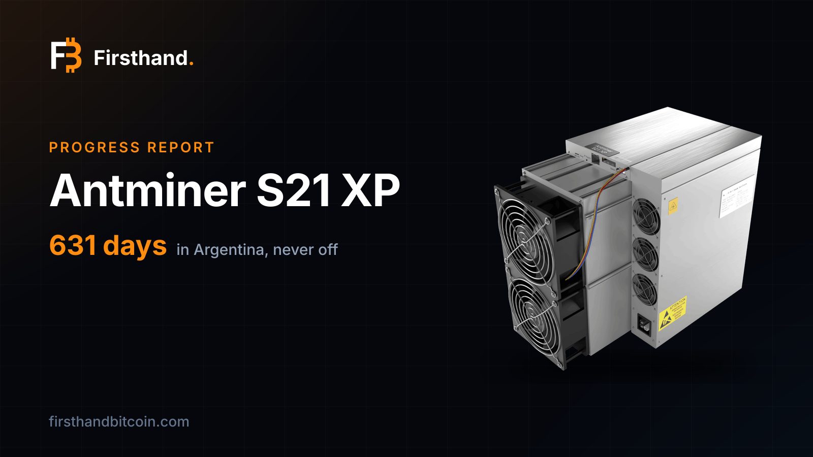 A Bitmain Antminer S21 XP on the Firsthand card: the machine whole on the site's dark background, with its 631 days in Argentina