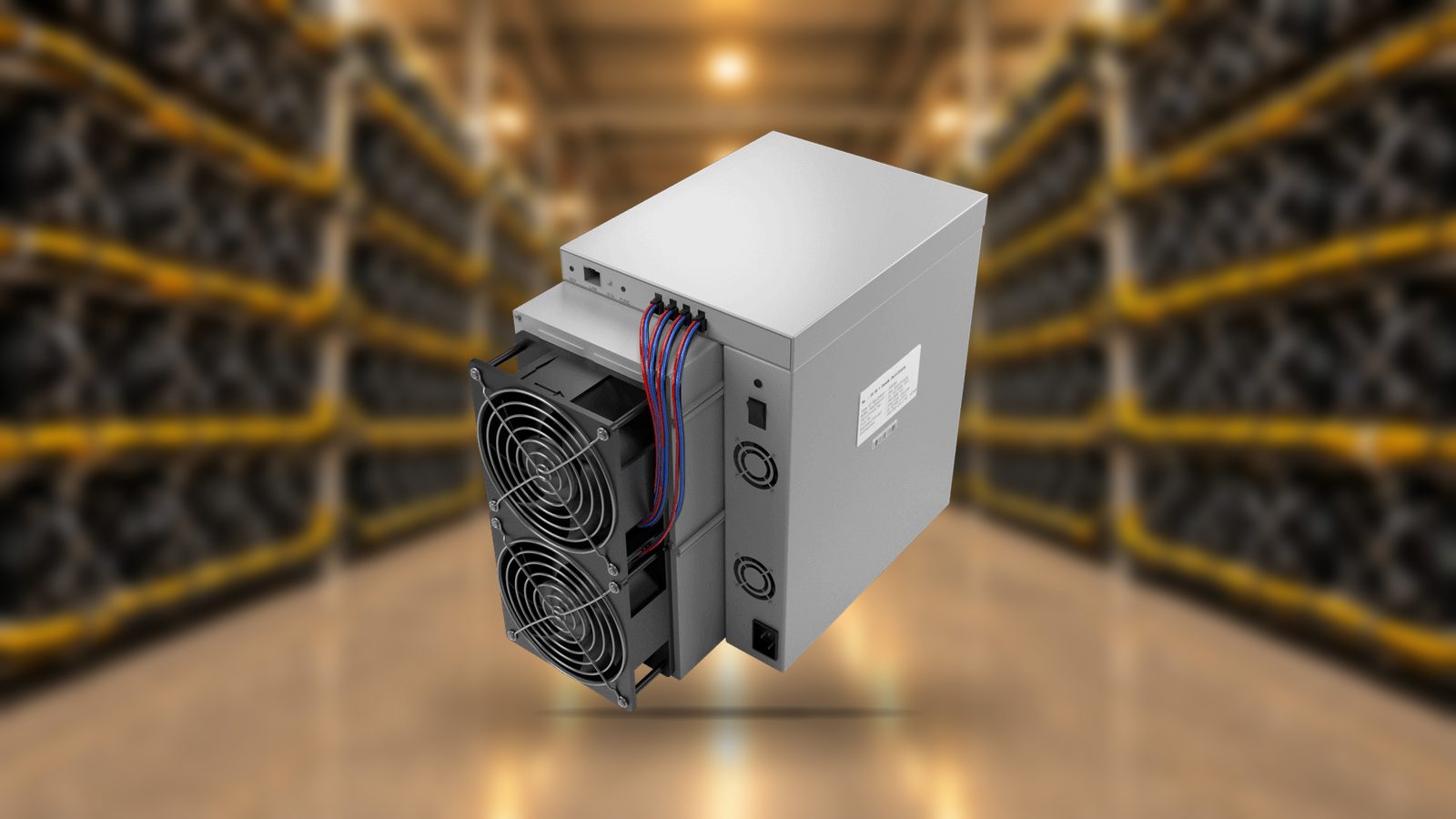 A Canaan Avalon A1366 in front of a softly blurred, spotless air-cooled mining aisle