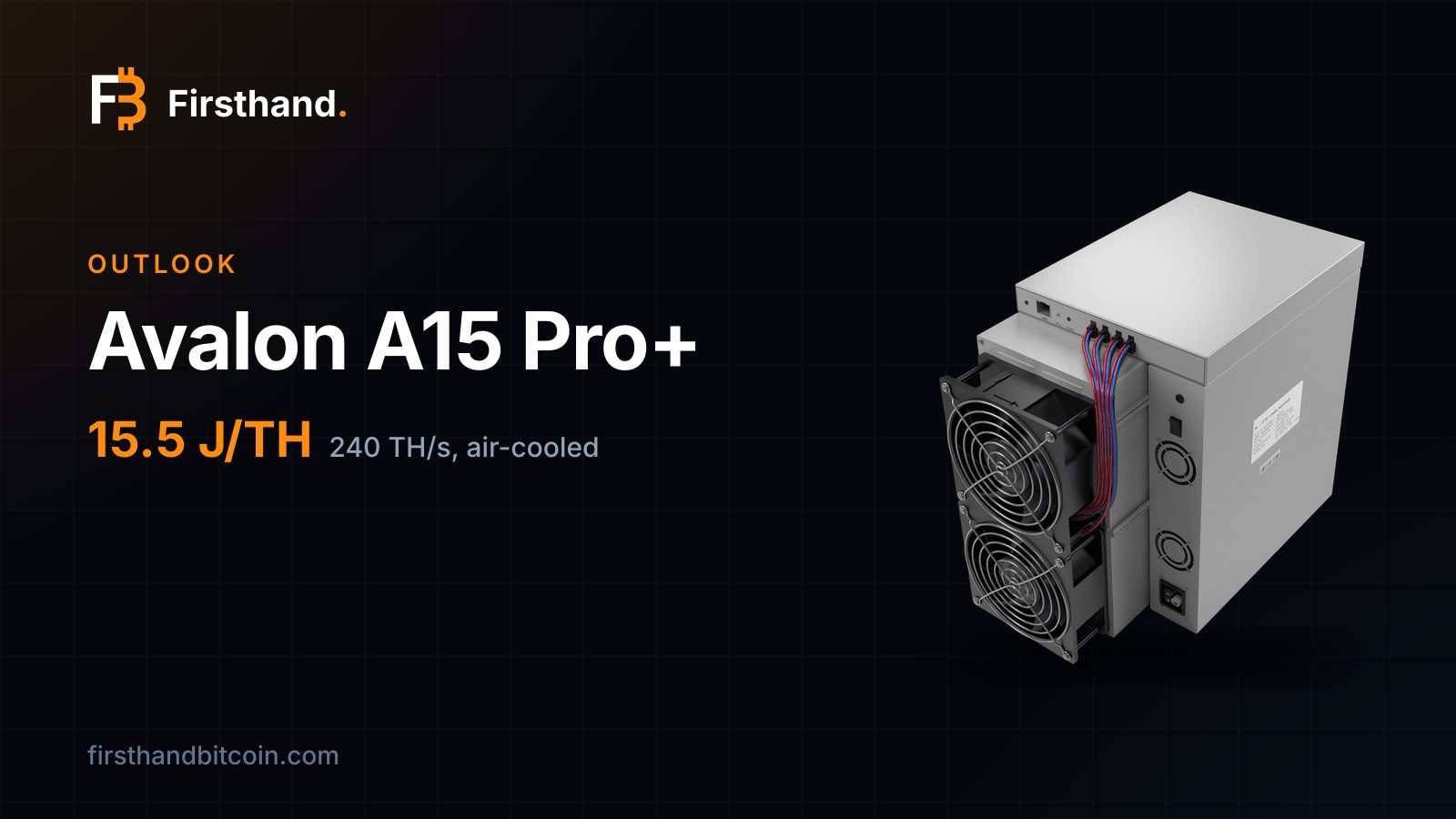 Tarjeta de Firsthand: "Avalon A15 Pro+", la foto de la tienda junto a su eficiencia de 15.5 J/TH, 240 TH/s, refrigerada por aire