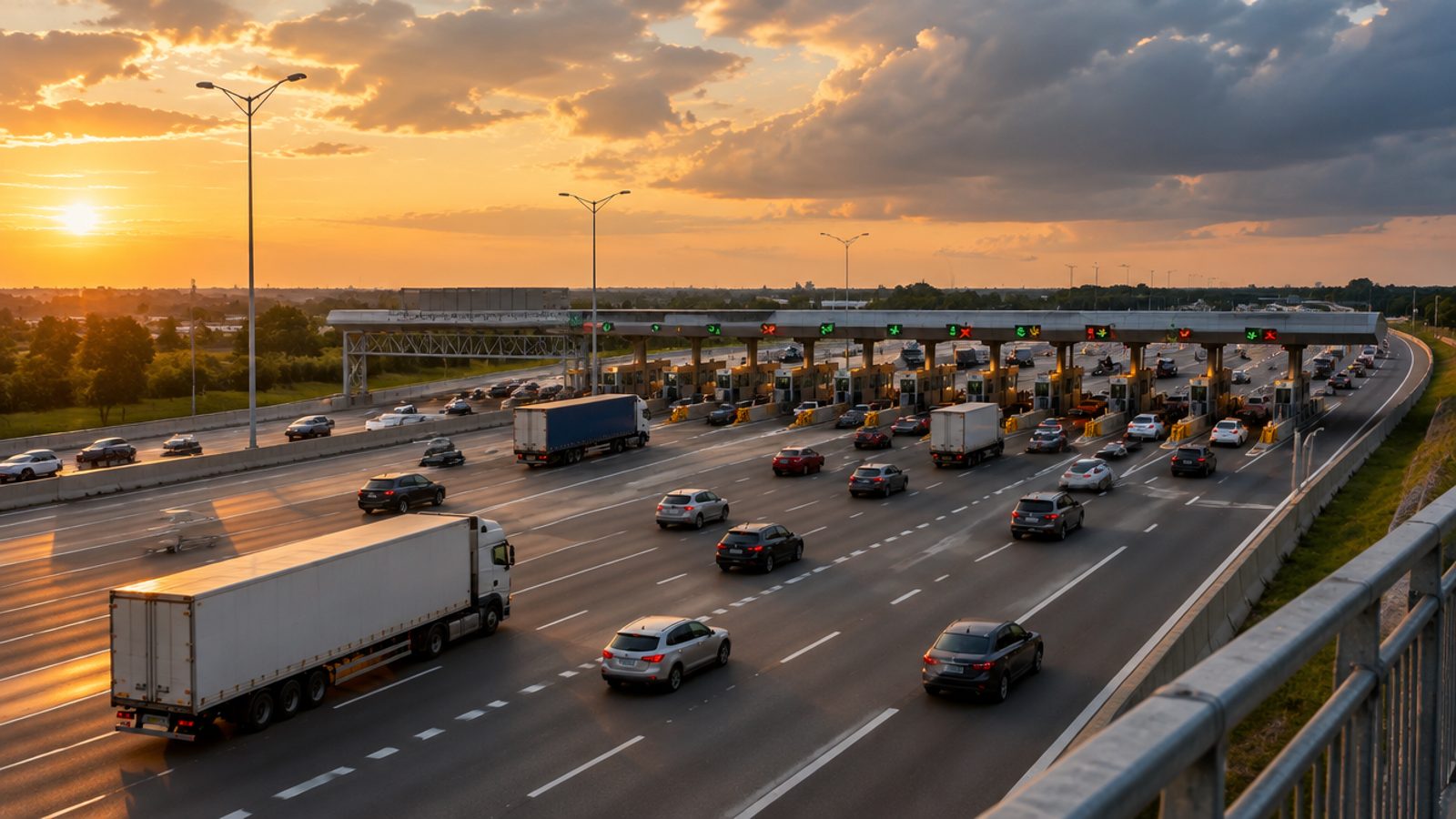 A busy highway toll plaza at sunset, cars and lorries flowing through many lanes beneath the toll canopy