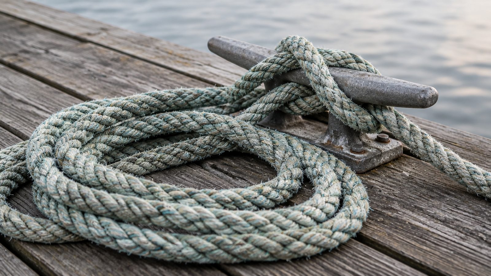 A heavy dock line, slack, coiled loosely around a mooring cleat on a quiet wooden pier