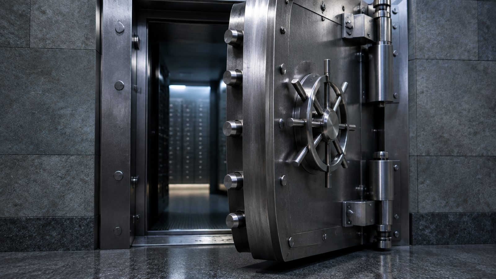 A heavy steel bank vault door standing ajar, dim light spilling from the vault room beyond