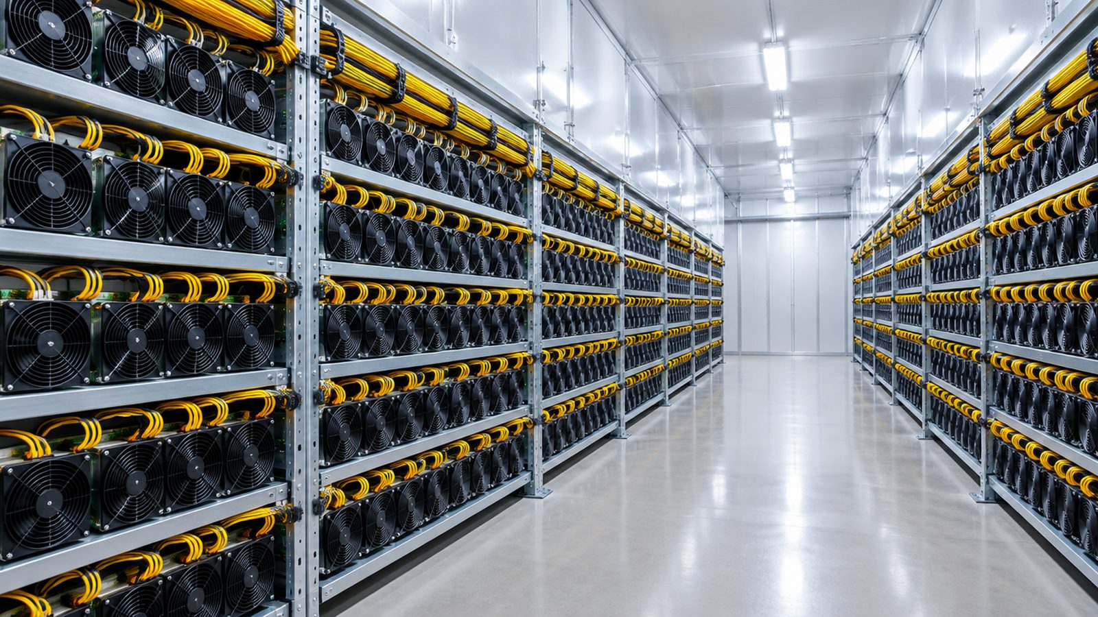 A bright, immaculate air-cooled bitcoin mining aisle, rows of ASIC miners with yellow cable looms receding down a clean concrete aisle