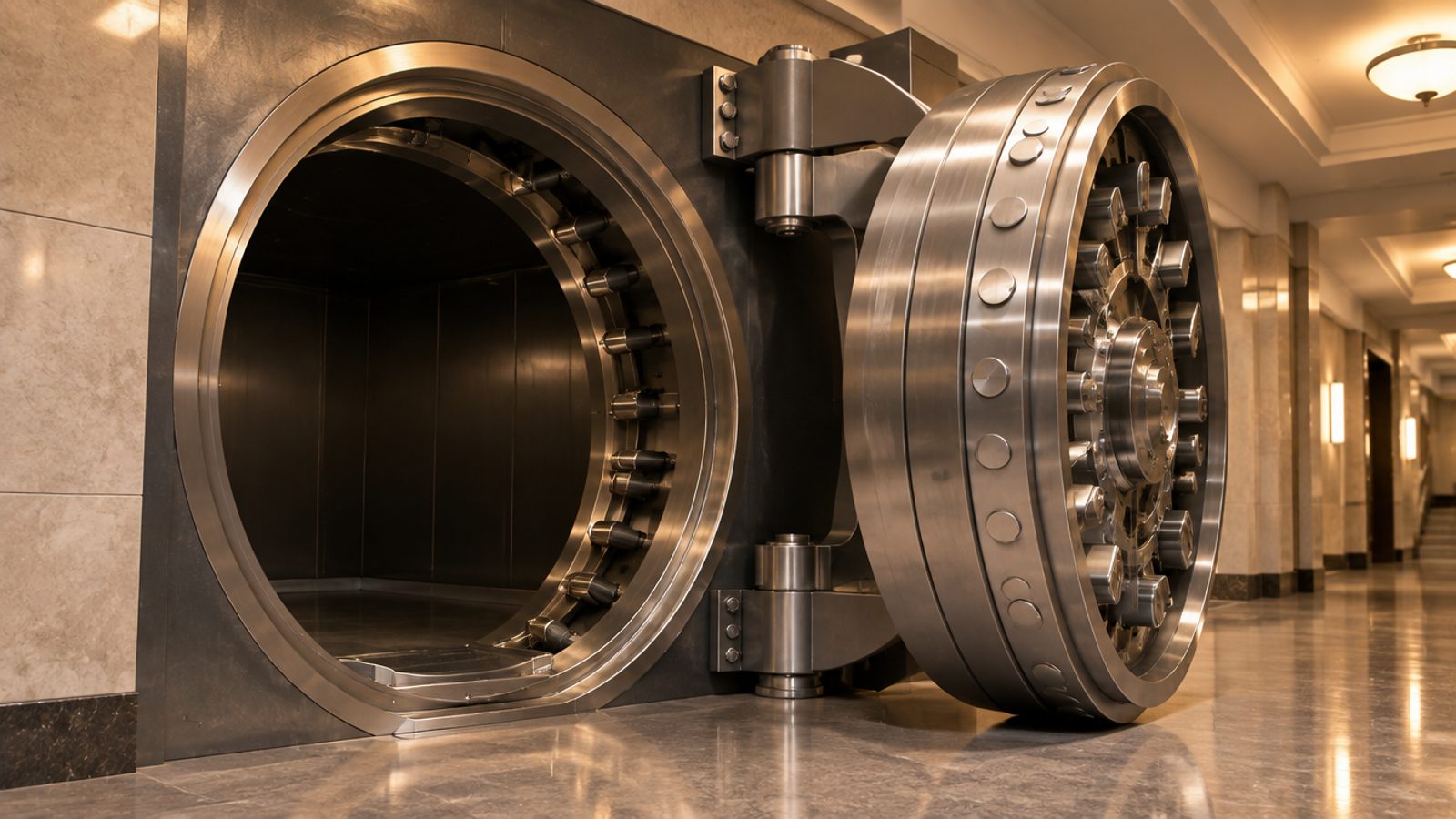 A circular stainless-steel bank vault door standing open beside its empty vault, in a quiet marble corridor