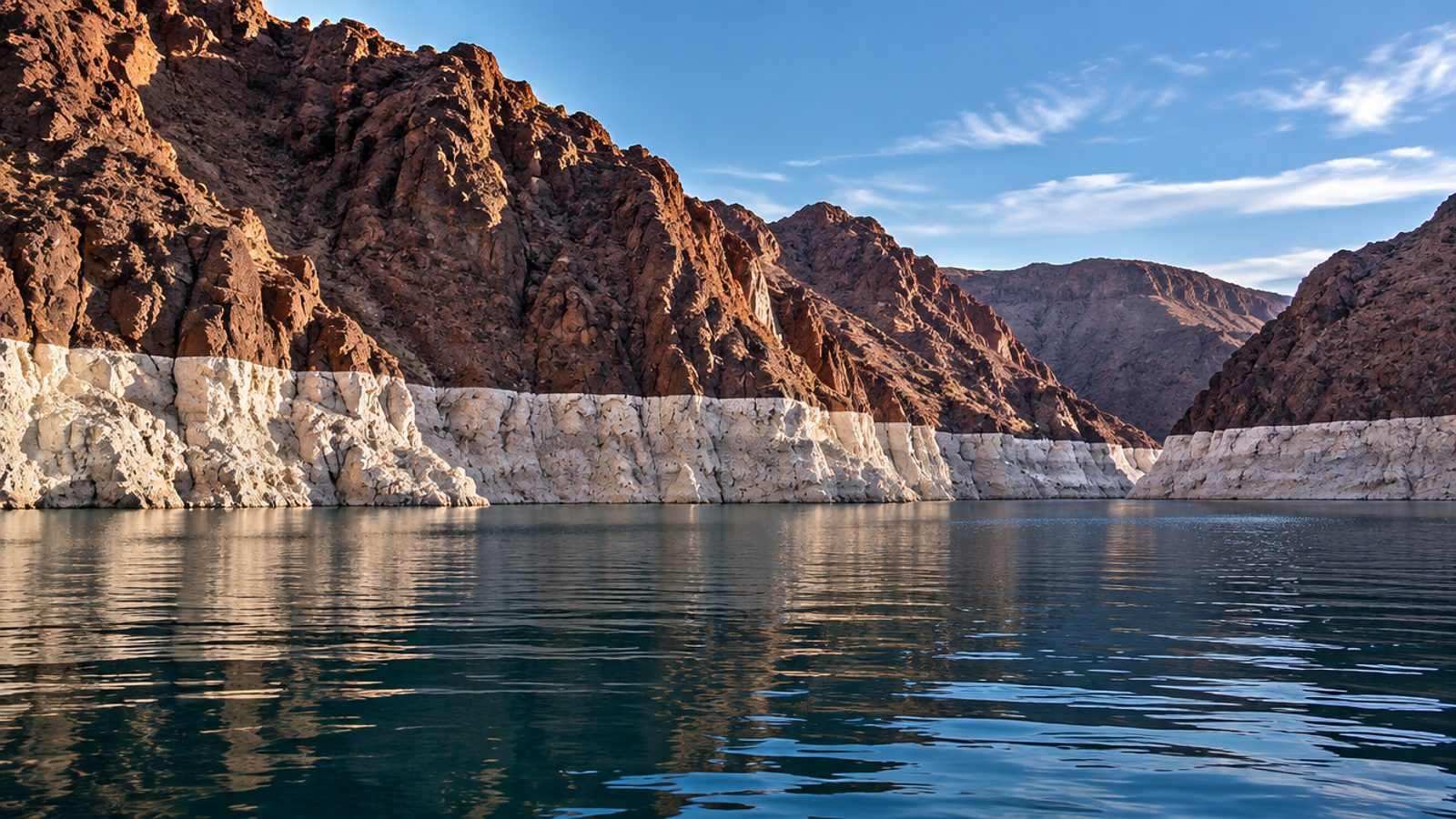A calm desert reservoir with a pale mineral band on the dark canyon wall above the waterline