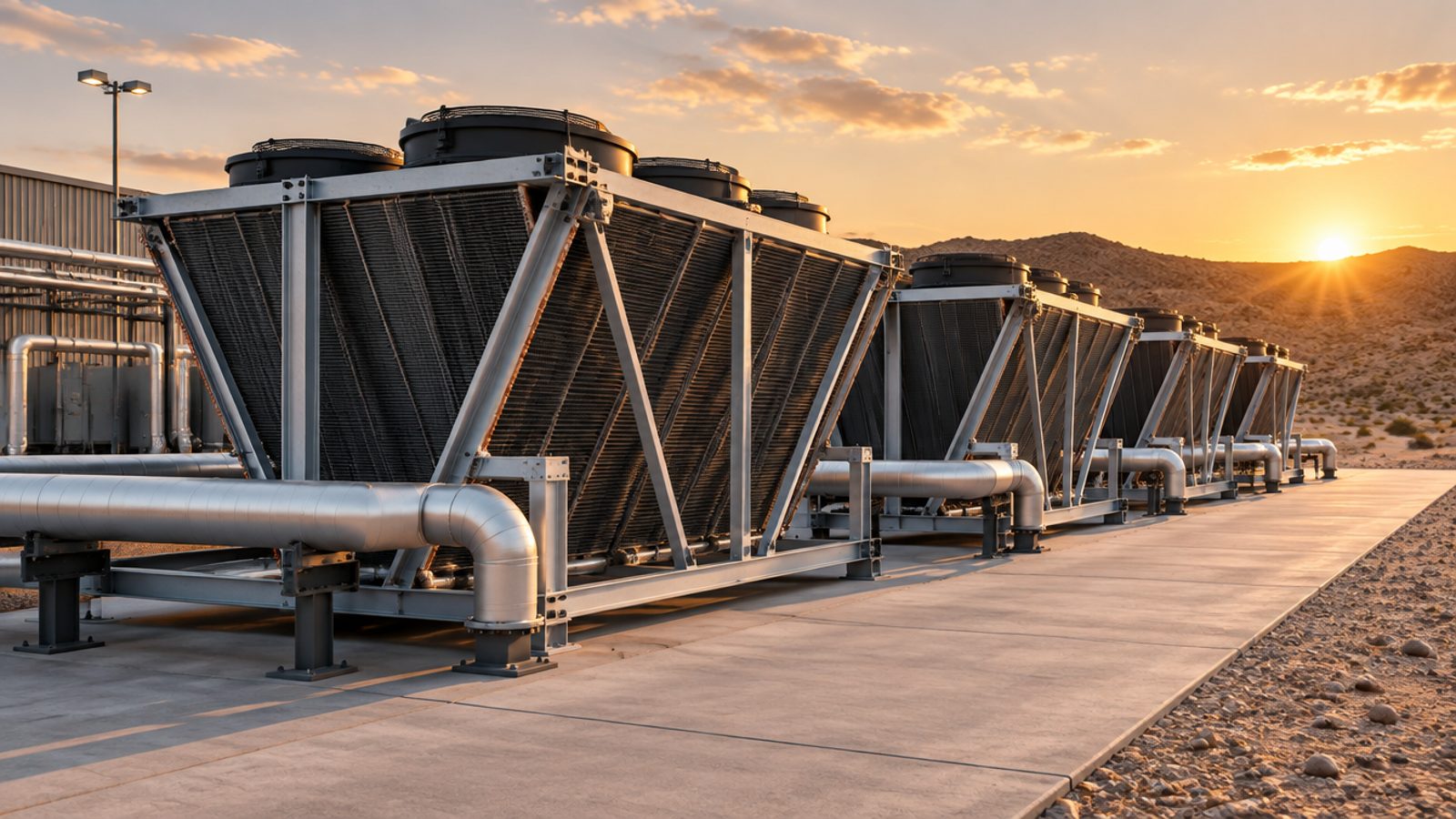 A row of V-bank dry coolers on a concrete pad with insulated pipework, in desert evening light