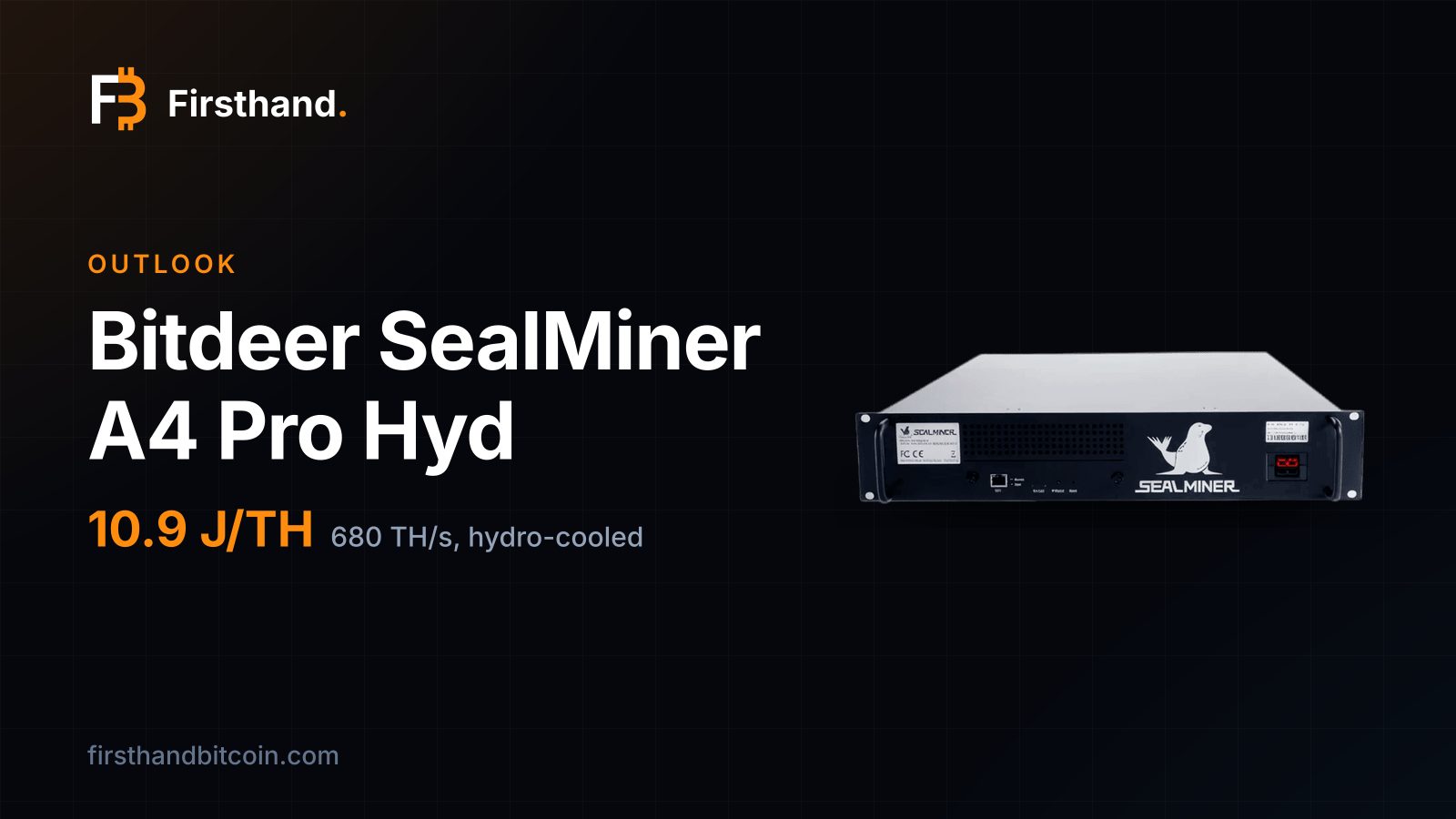 Tarjeta Firsthand: "Bitdeer SealMiner A4 Pro Hyd", la foto de tienda de la máquina junto a su eficiencia de 10.9 J/TH, 680 TH/s, refrigerada por agua