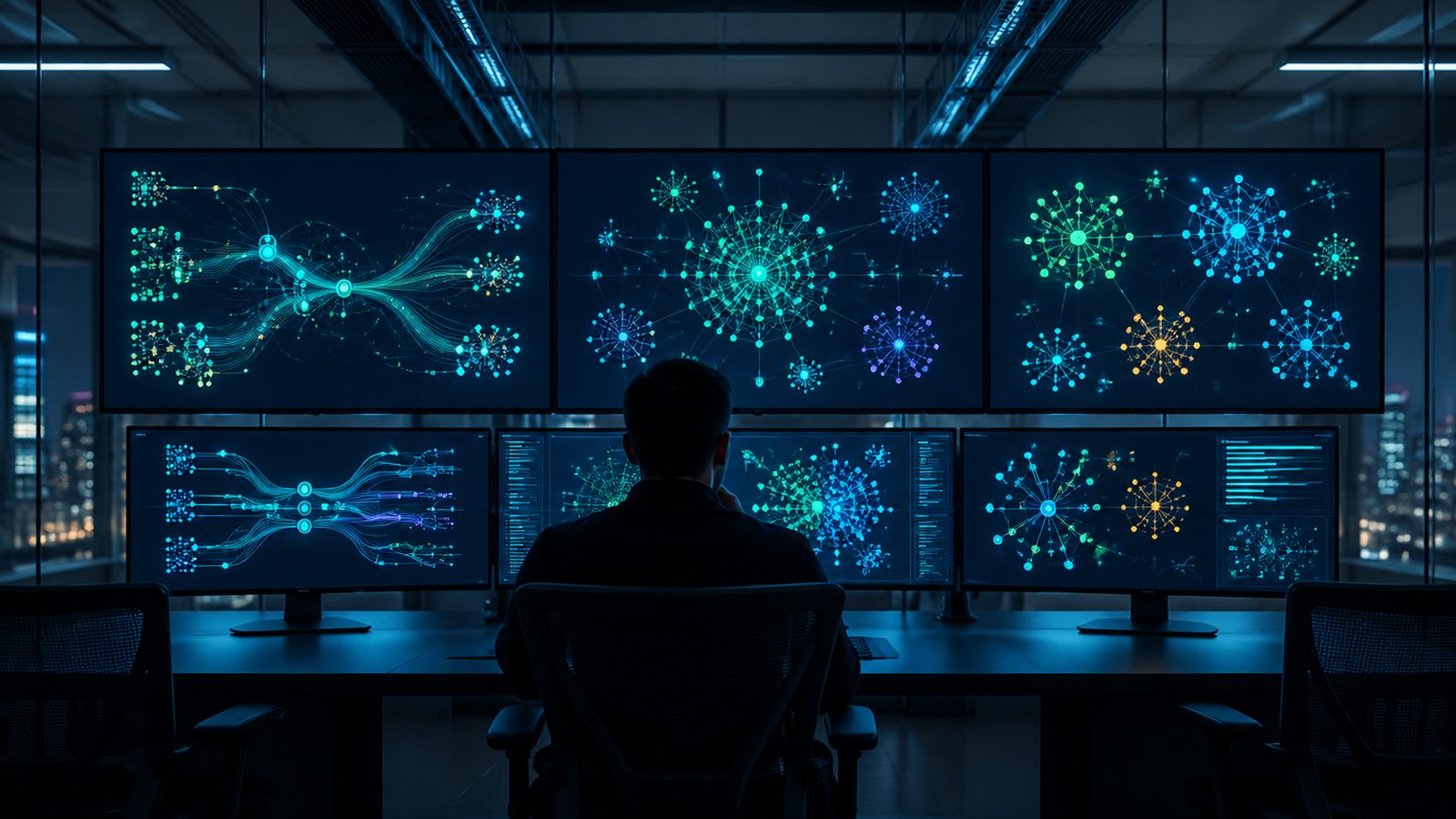 A darkened security operations room at night, an analyst silhouetted at a desk in front of several large monitors showing glowing abstract network graphs of connected nodes