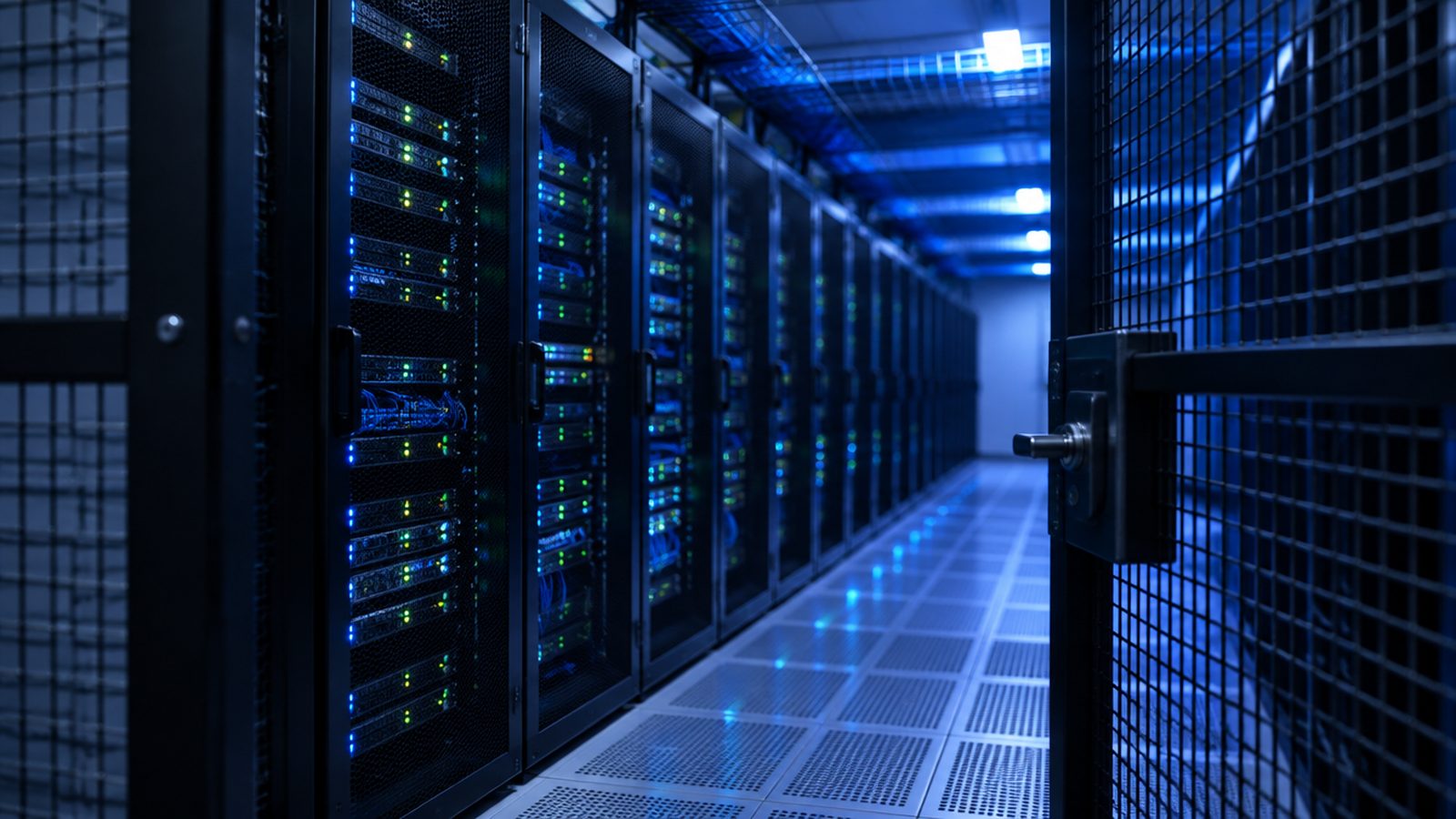 A row of server racks in a data centre at night, seen through a partly open mesh security cage door