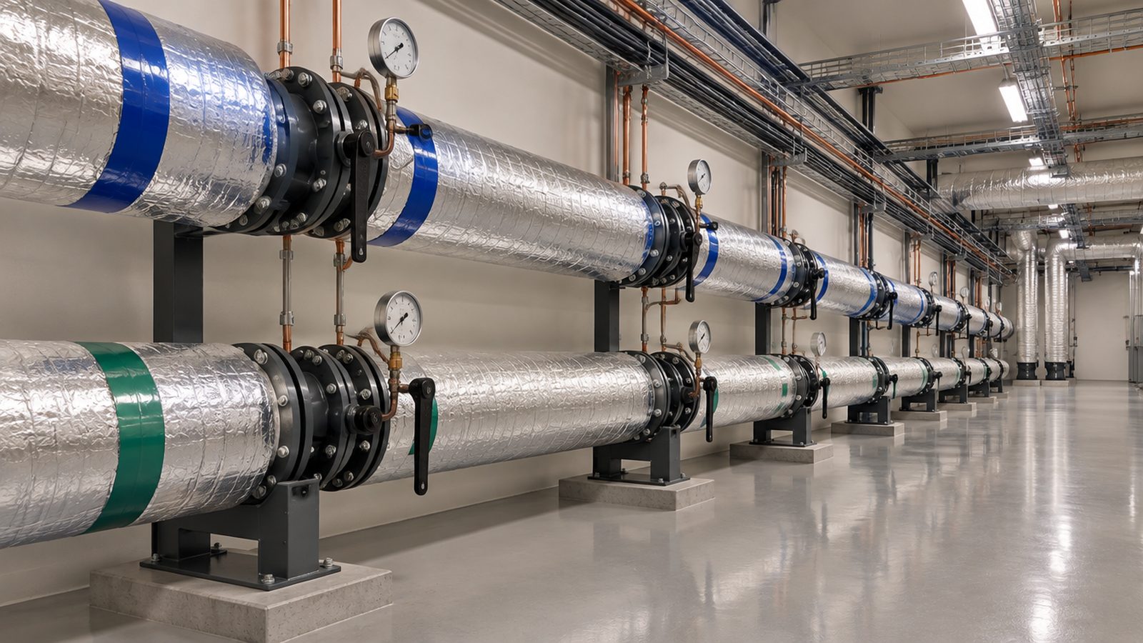A long plant-room pipe gallery with two parallel silver-insulated headers, flanged valves and pressure gauges, on a spotless polished floor