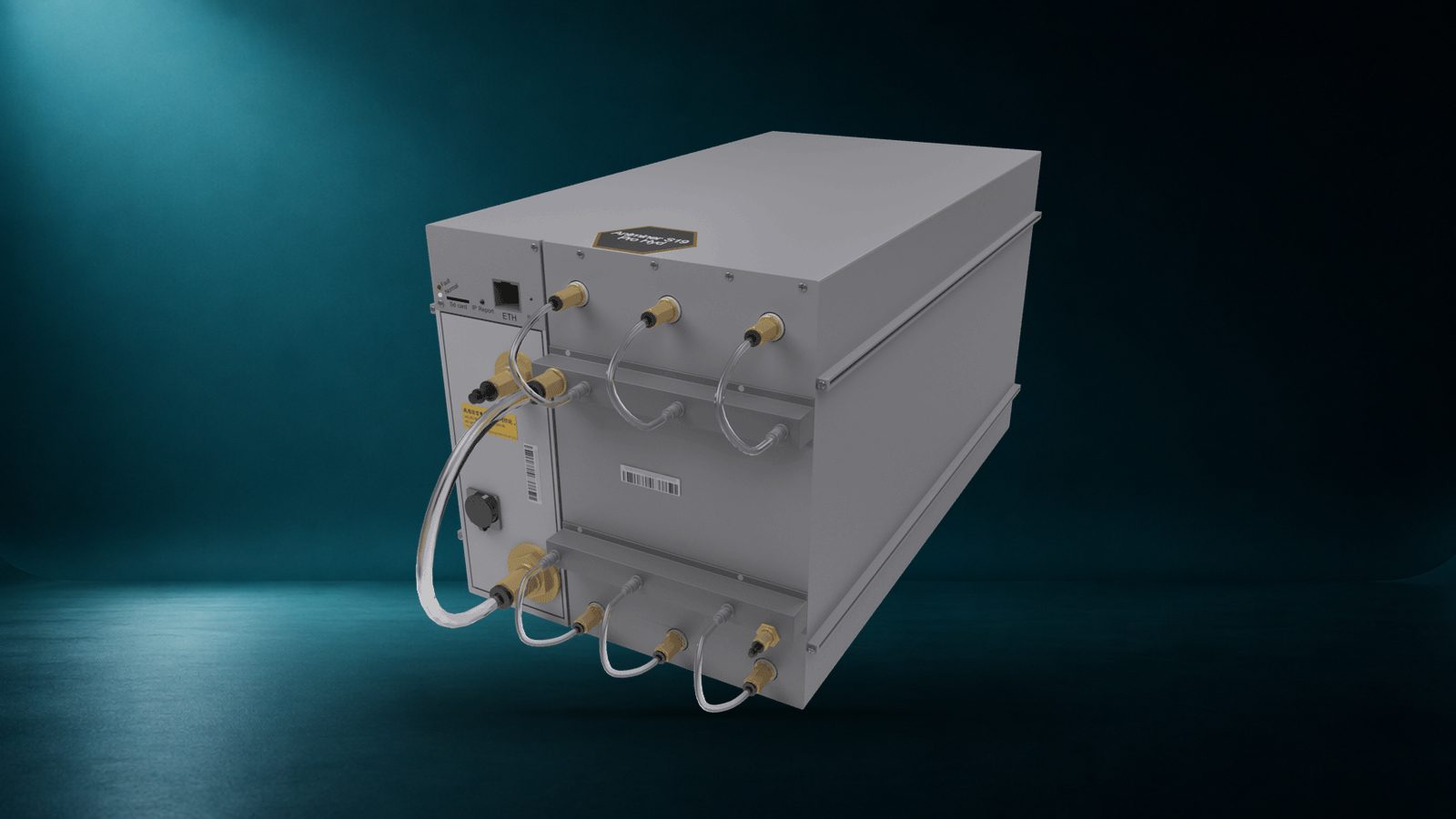 A Bitmain Antminer S21j XP Hyd against a deep teal studio backdrop, its coolant fittings visible on the front panel