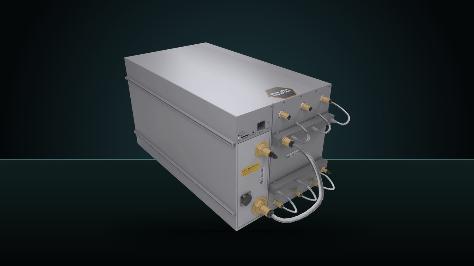 An Antminer S23 Hyd, its hydro couplings visible, against a deep teal studio backdrop