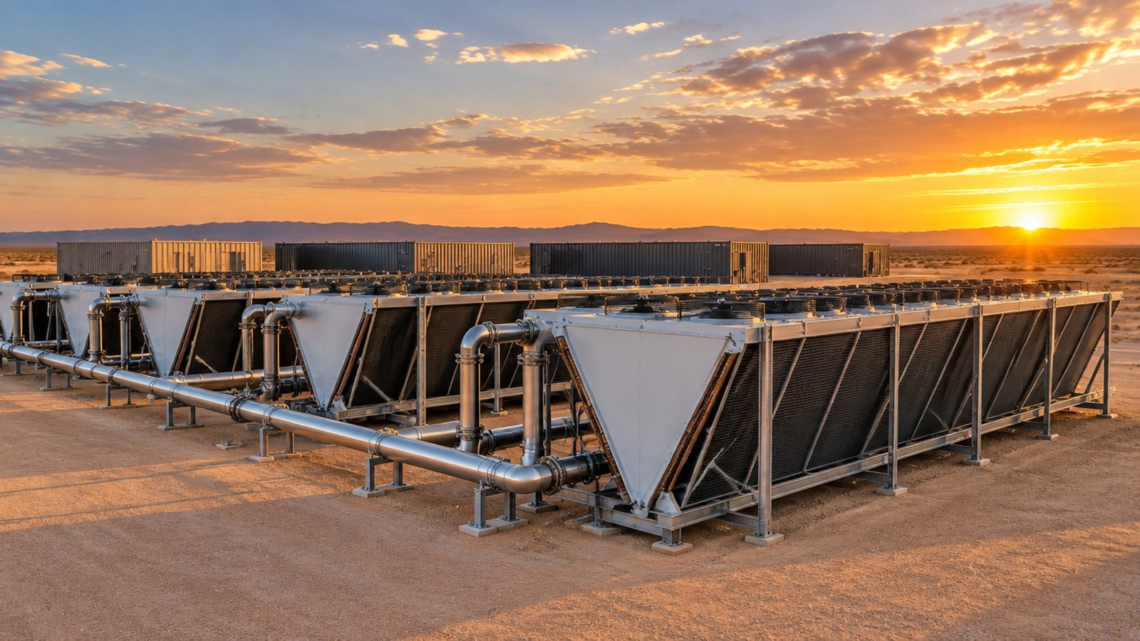 A yard of dry coolers on graded desert ground at sunset, silver pipework running between the banks and graphite and sand containers in the distance