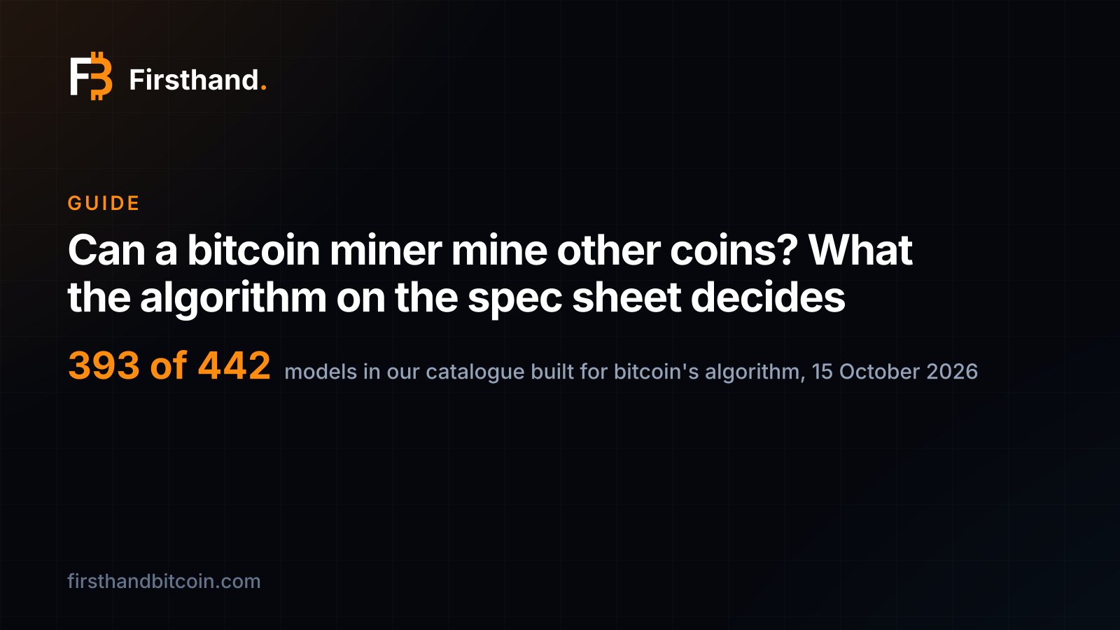 Tarjeta de Firsthand: "¿Puede un minero de bitcoin minar otras monedas? Lo que decide el algoritmo en la ficha técnica", con 393 de 442 como los modelos de nuestro catálogo construidos para el algoritmo de bitcoin el 15 de octubre de 2026
