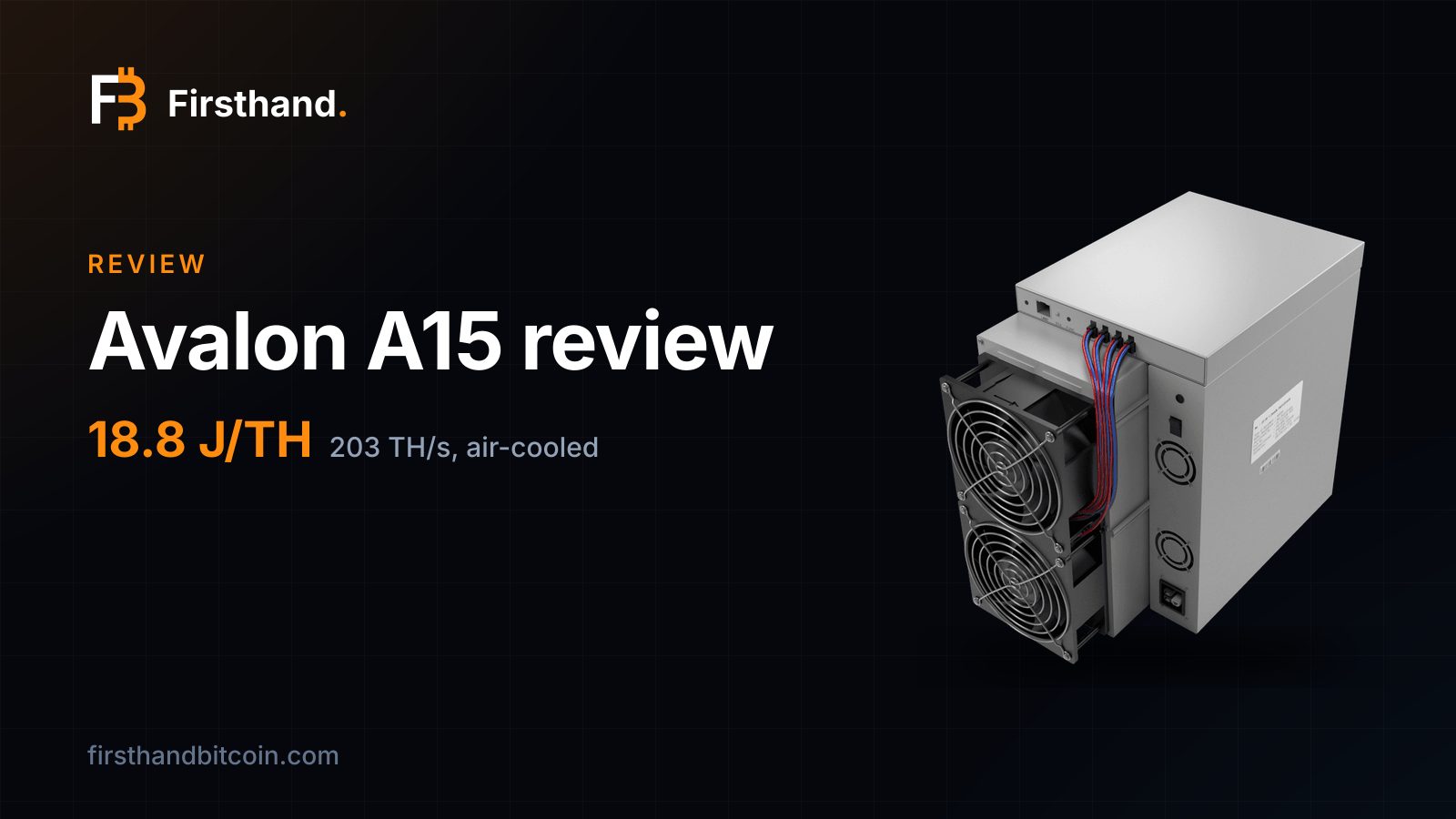 Firsthand card: "Avalon A15 review", 18.8 J/TH, 203 TH/s air-cooled, with the machine's store photo