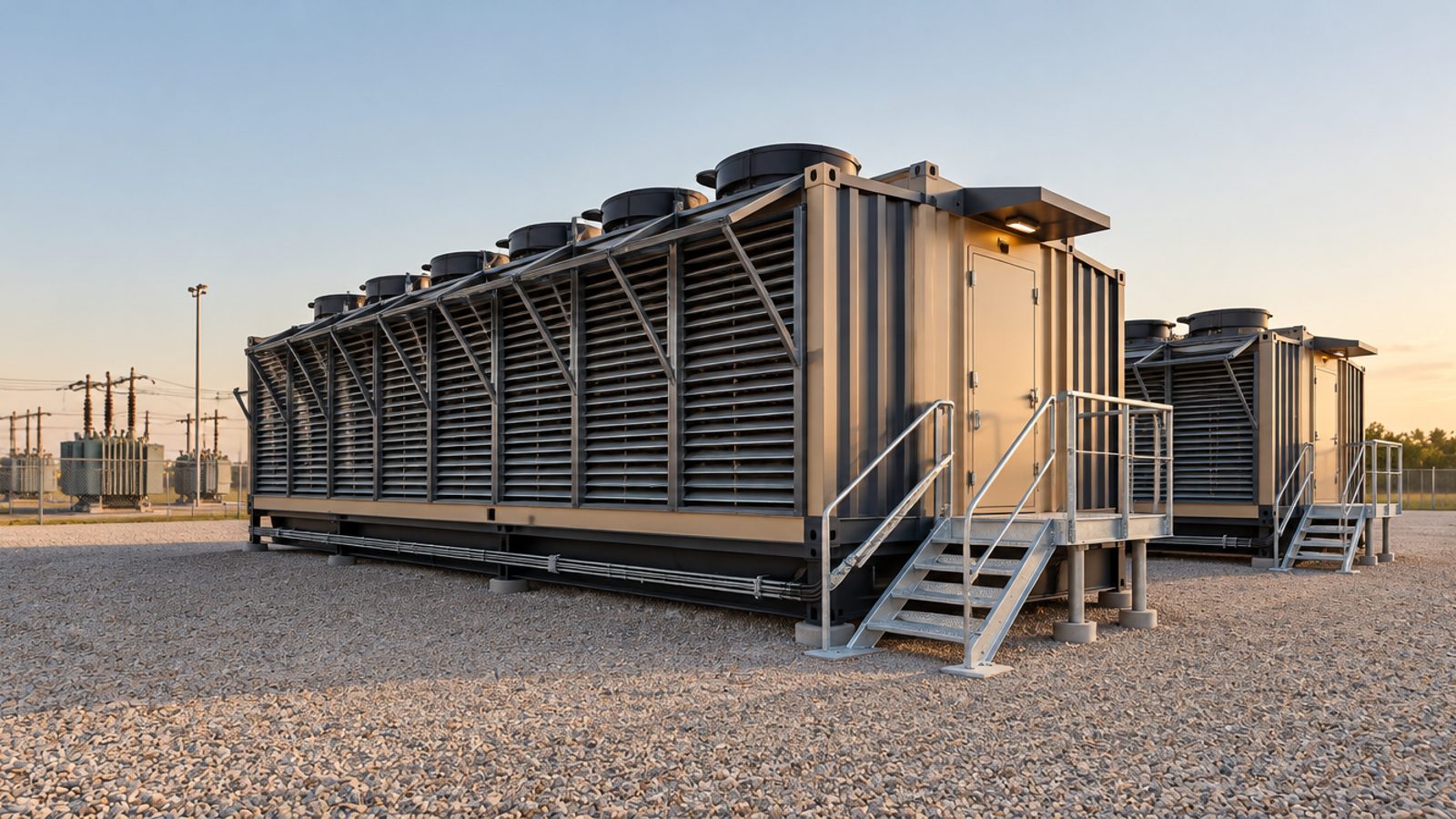 Two containers in graphite and warm sand on a raked gravel pad in late-afternoon light, with a louvred intake flank and a row of roof-mounted exhaust fans