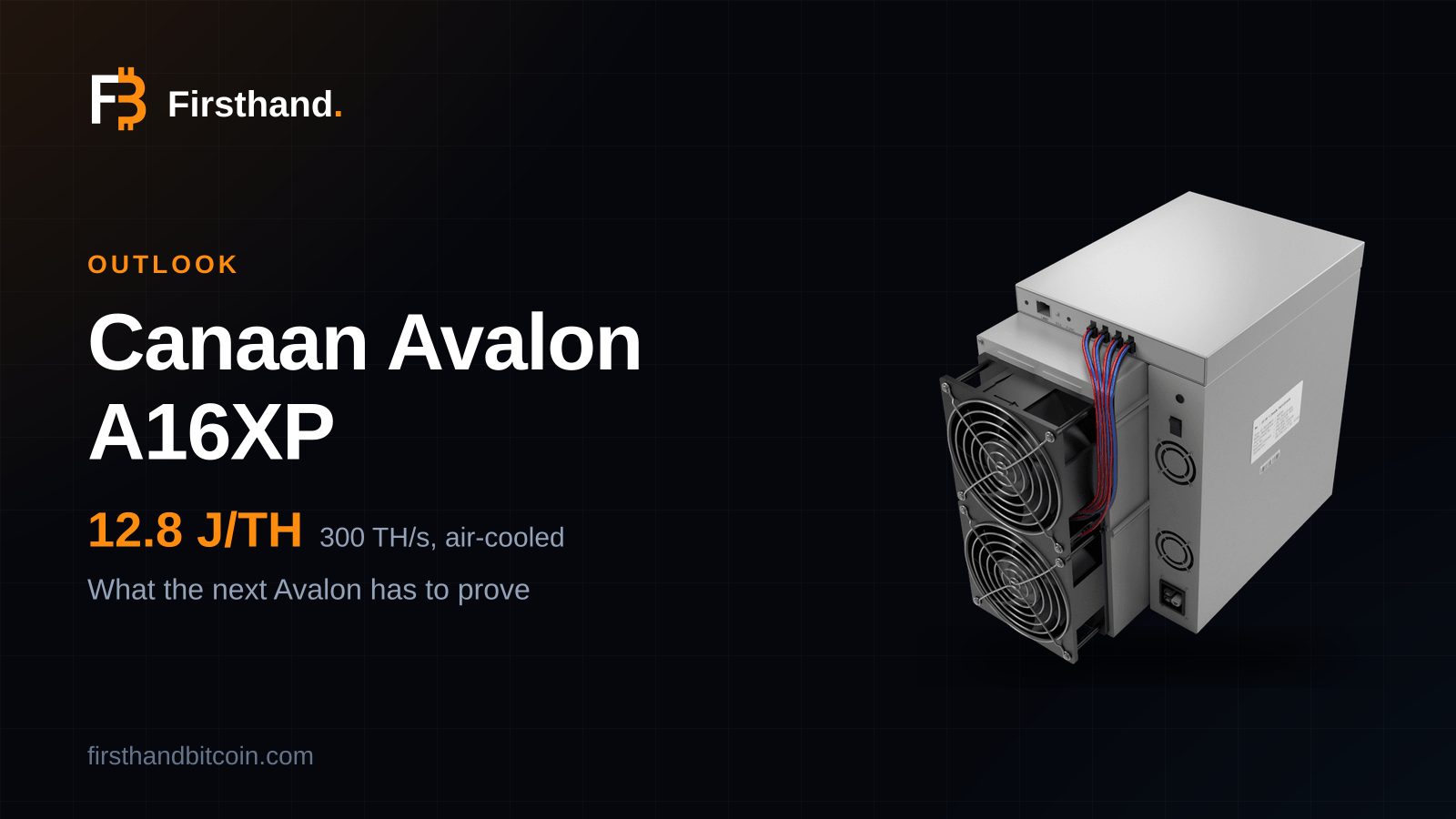 Firsthand card: Canaan Avalon A16XP beside its 12.8 J/TH efficiency, air-cooled, 300 TH/s