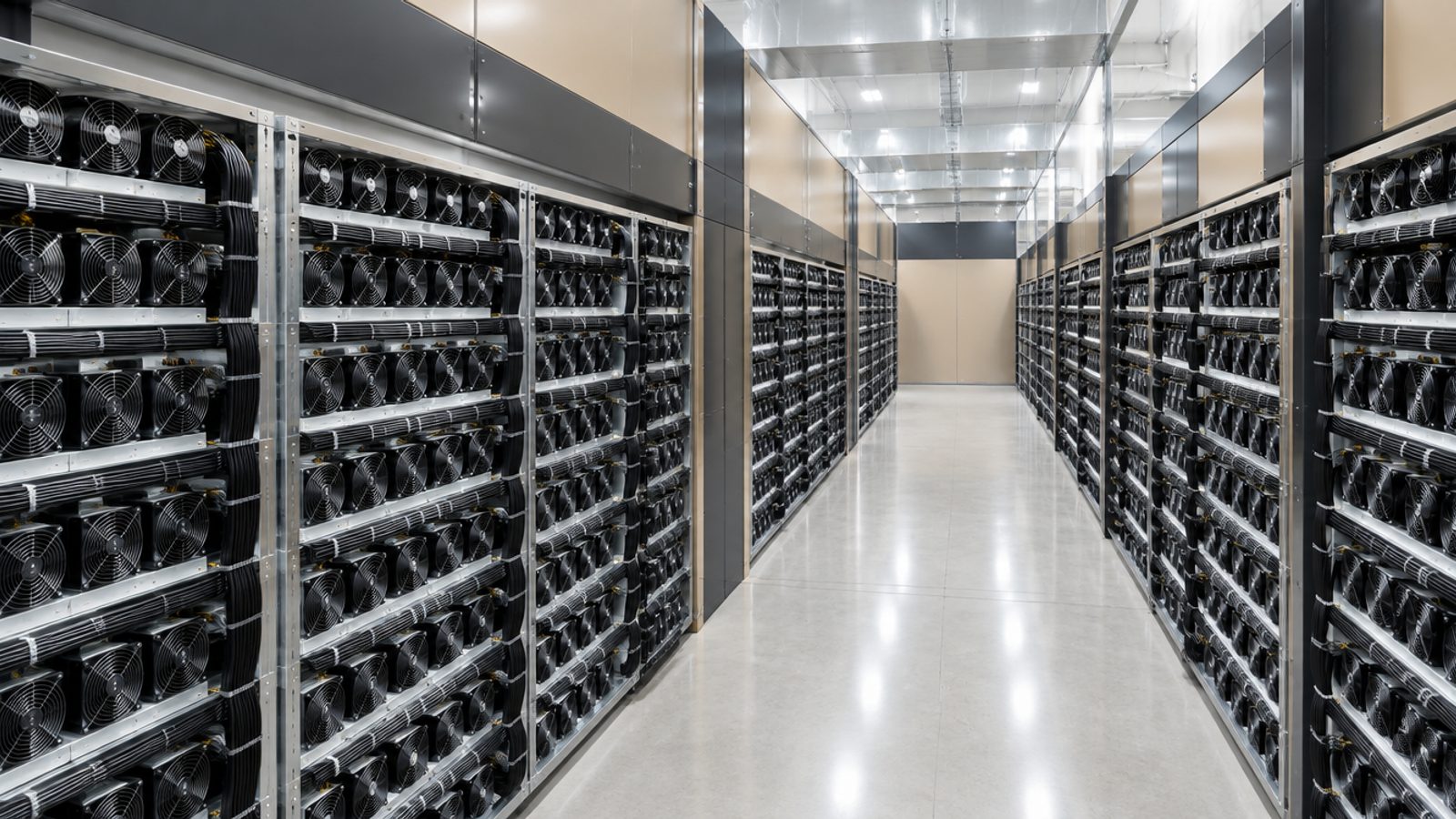 A long, spotless aisle between two rows of shelved air-cooled miners, with tidy black cabling and a polished pale floor