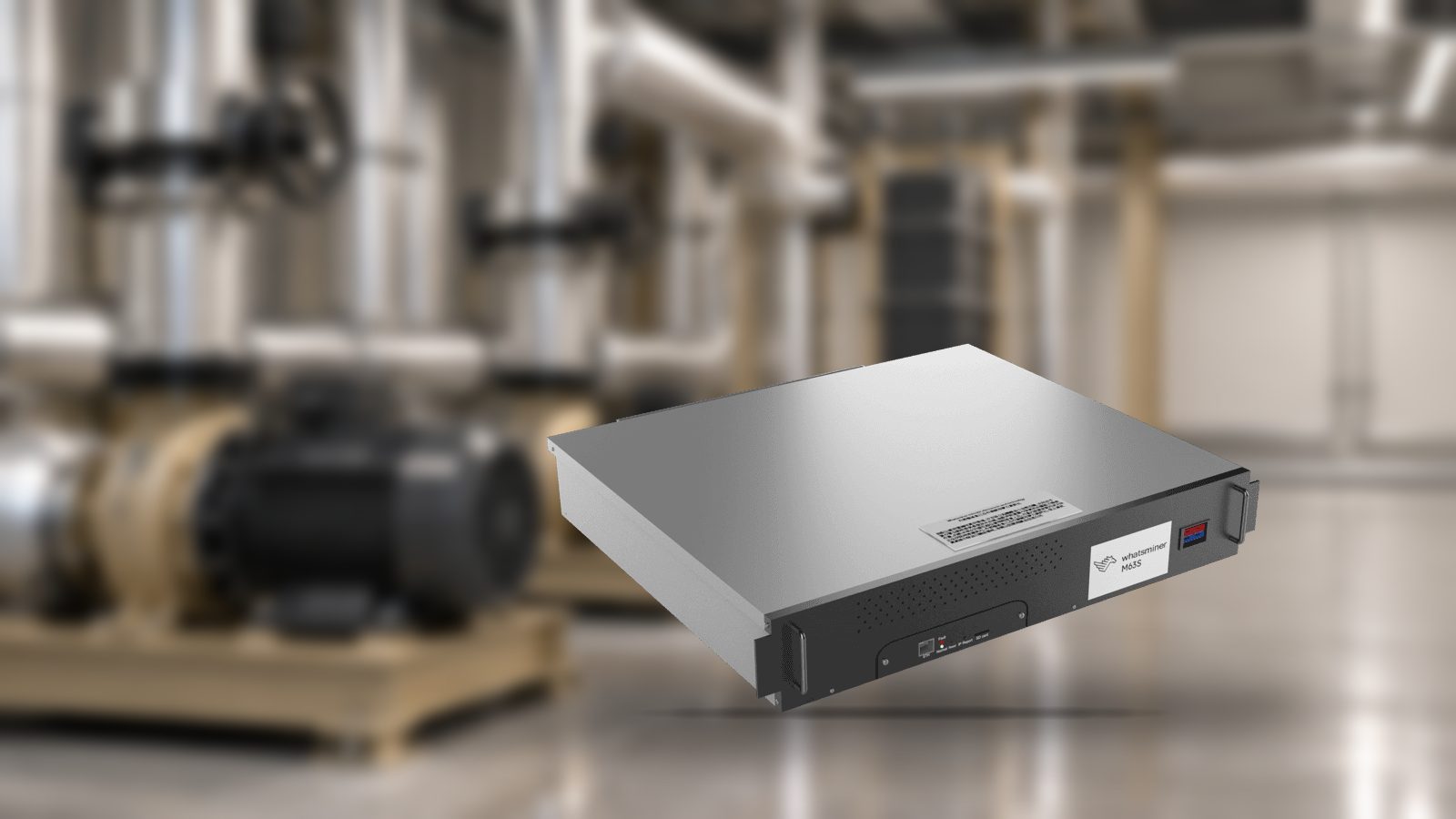 A Whatsminer M63S in the foreground against a blurred water-cooling plant room: circulation pumps, brushed stainless pipework and a plate heat exchanger on a polished floor