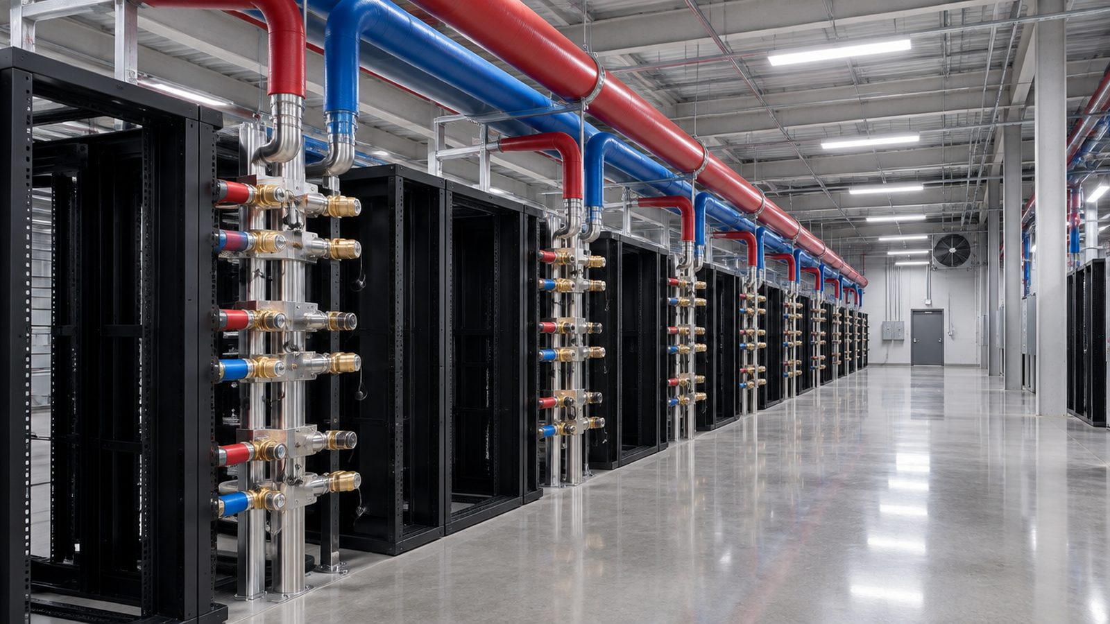The interior corridor of a hydro-cooled data hall: overhead red and blue coolant lines feeding a column of brass quick-disconnect manifolds above empty rack positions