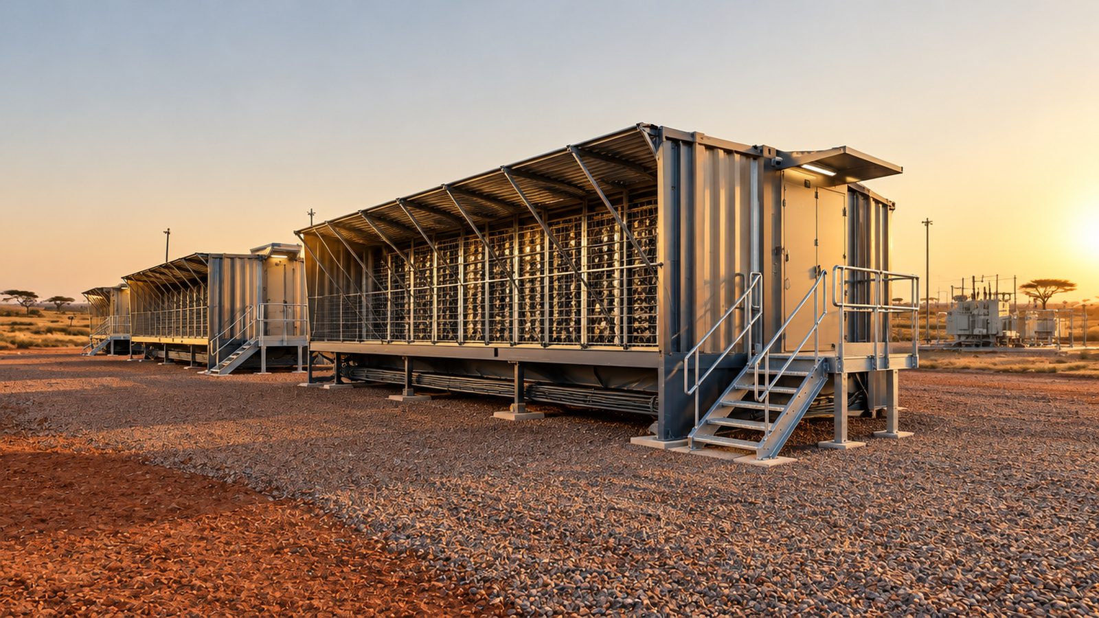 Three air-cooled mining containers in graphite and sand on a gravel pad at golden hour, with a transformer yard and acacia trees on the horizon