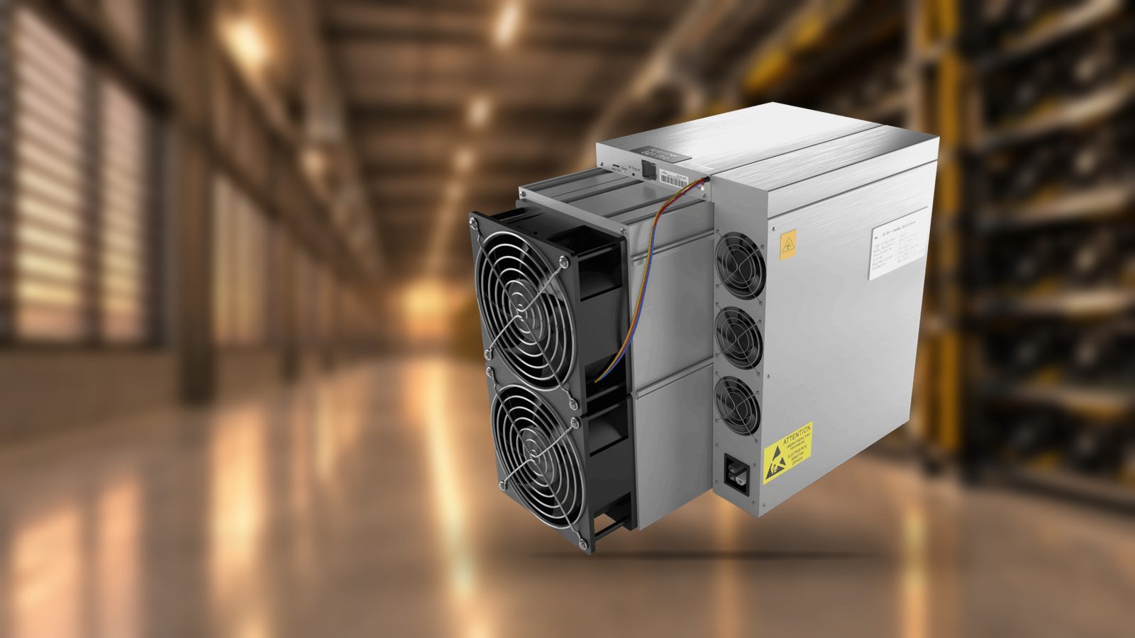 An Antminer S21 Pro shown whole in front of a softly blurred air-cooled mining hall: racked machines, yellow cable looms and a polished concrete floor