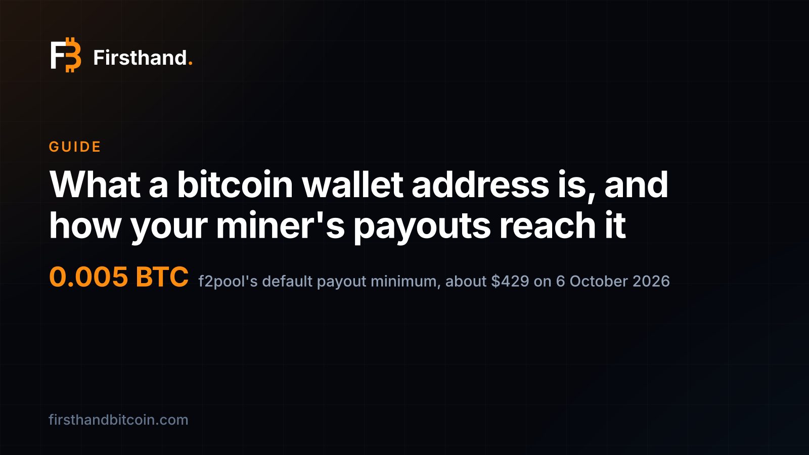 Firsthand card: "What a bitcoin wallet address is, and how your miner's payouts reach it", with 0.005 BTC, f2pool's default payout minimum, as the figure