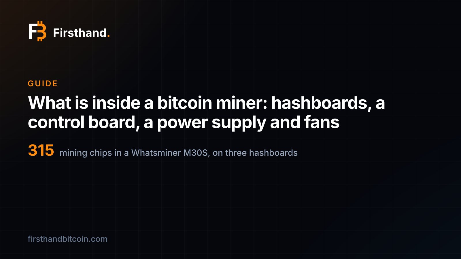 Tarjeta de Firsthand: "Qué hay dentro de un minero de bitcoin: hashboards, una placa de control, una fuente de poder y ventiladores", con la cifra 315 por los chips de un Whatsminer M30S