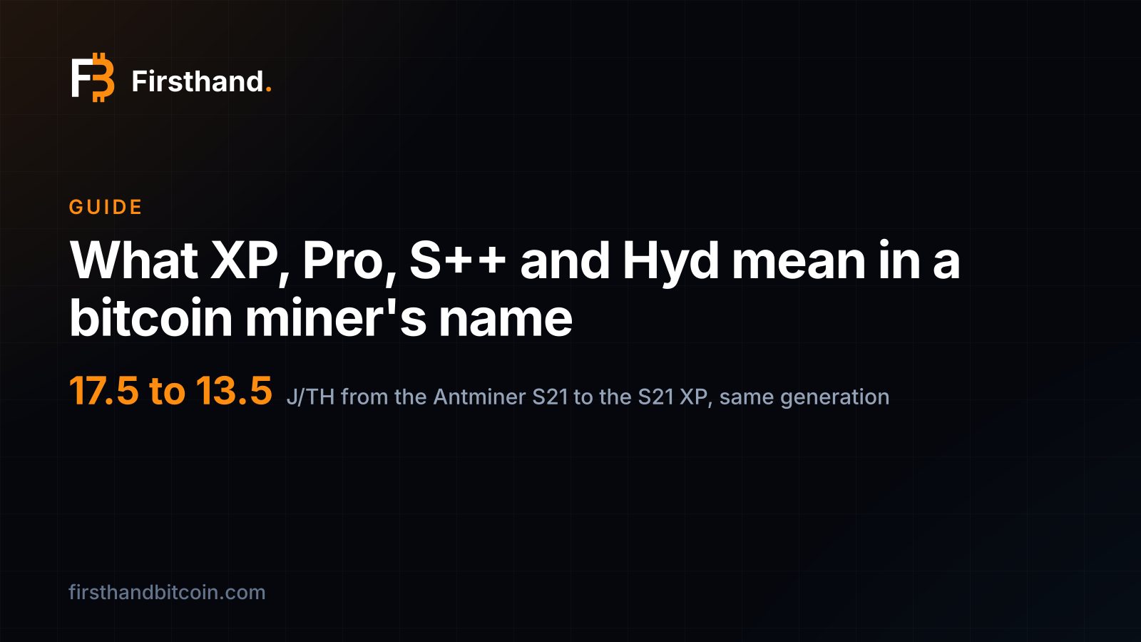 Firsthand card: "What XP, Pro, S++ and Hyd mean in a bitcoin miner's name", showing 17.5 to 13.5 J/TH from the Antminer S21 to the S21 XP