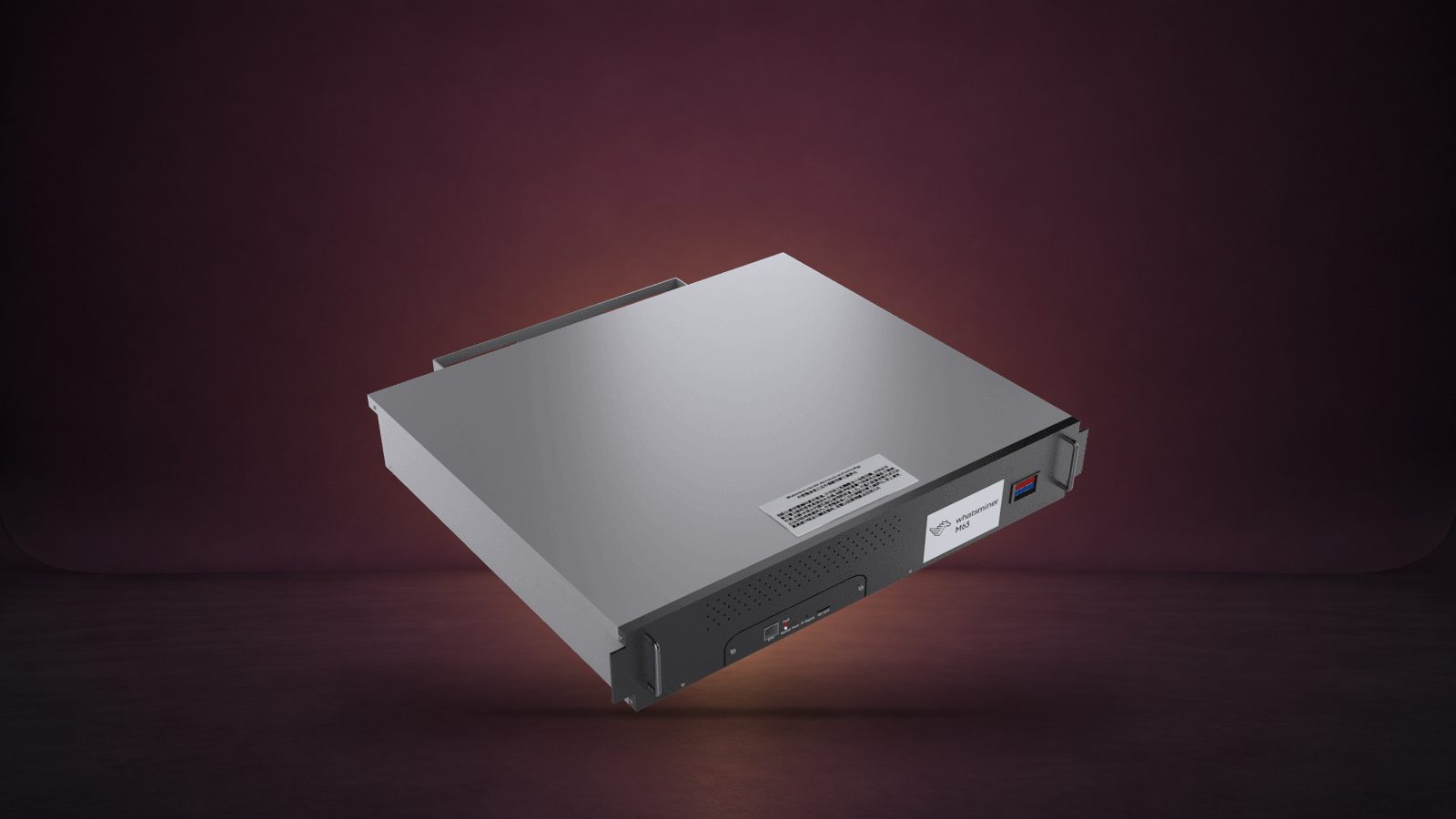 A MicroBT Whatsminer M63 rack unit against a deep plum studio backdrop with a soft ochre glow